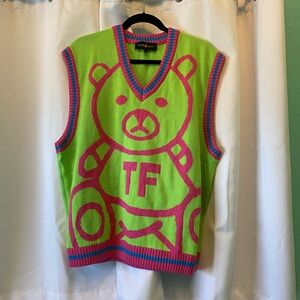 Teddy Fresh Neon Lime & Hot Pink Trim Knit Vest size XL